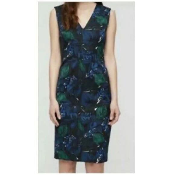 JIGSAW Sheath Dress V-Neck Sleeveless Tropical Leaf Print Sz 6 Blue Black Green - Picture 3 of 4